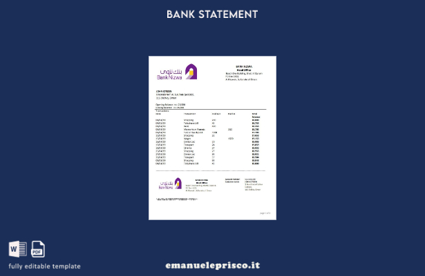 modello word di estratto conto bancario Oman Bank Nizwa in stile verificato